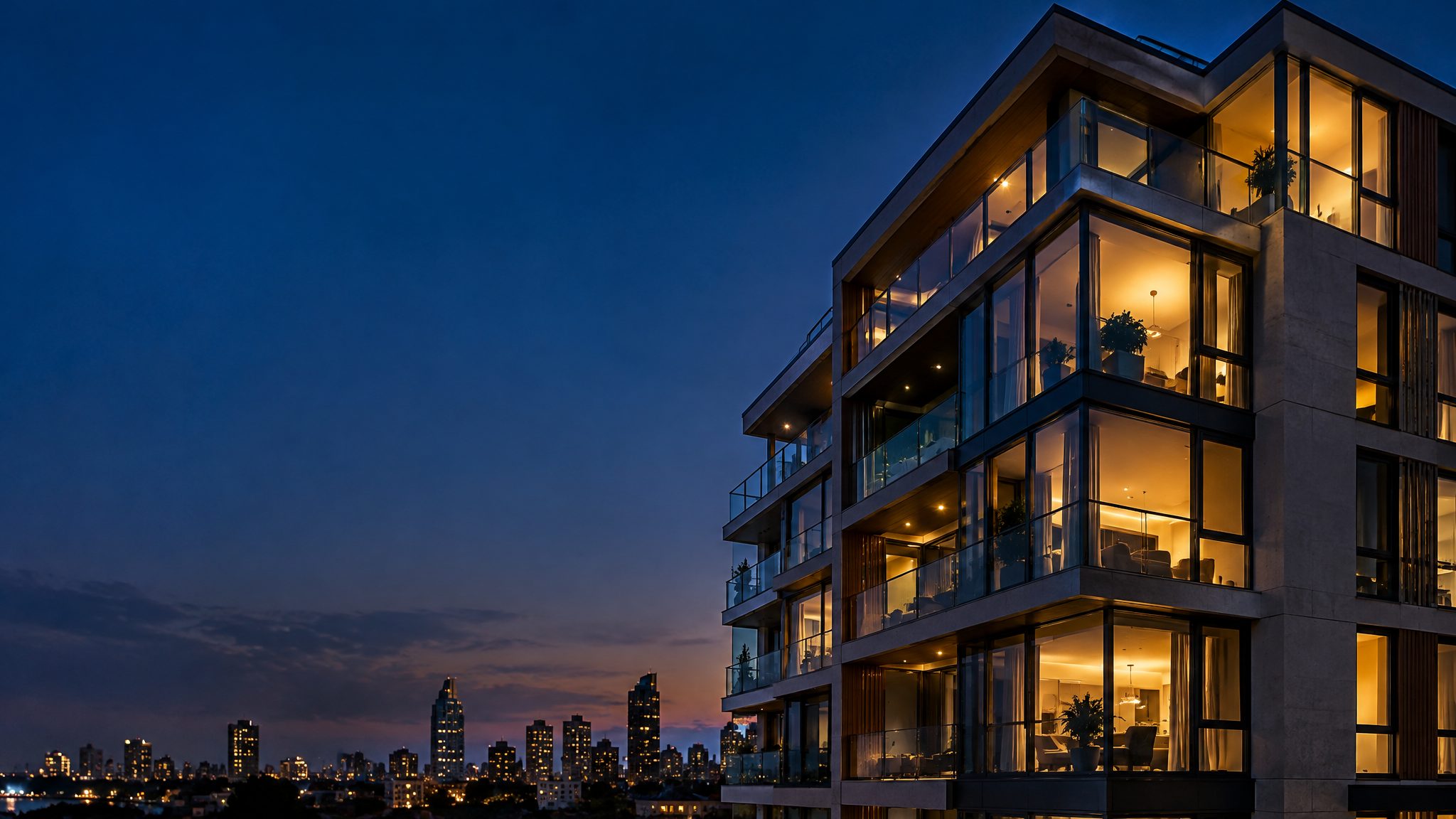Edifício moderno de vidro iluminado ao entardecer, exemplo de retrofit predial