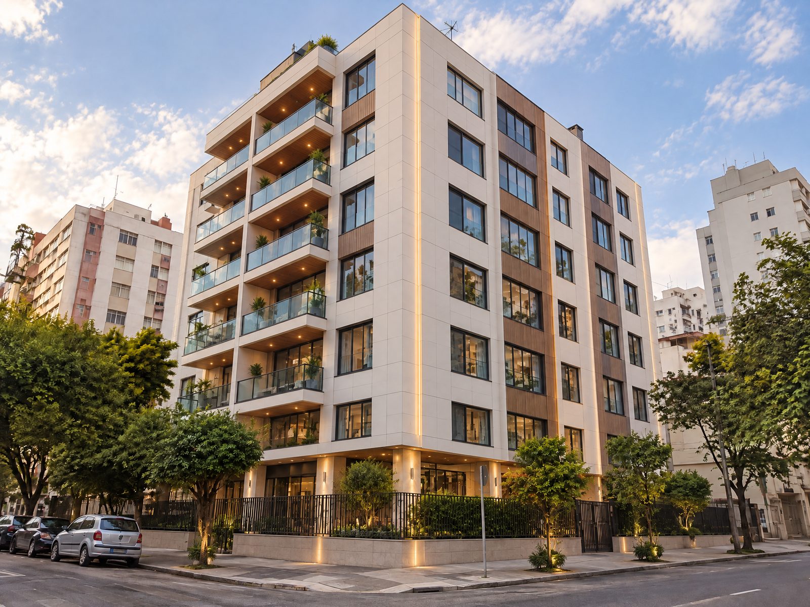 Fachada de edifício residencial após o retrofit, com revestimento claro e esquadrias novas
